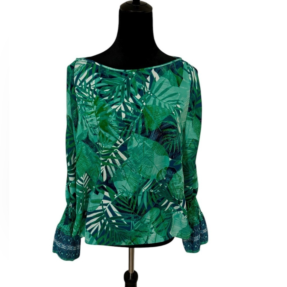 Laundry by Shelli Segal Green White Cold Shoulder Long Sleeve Blouse, Womens M - Picture 1 of 4